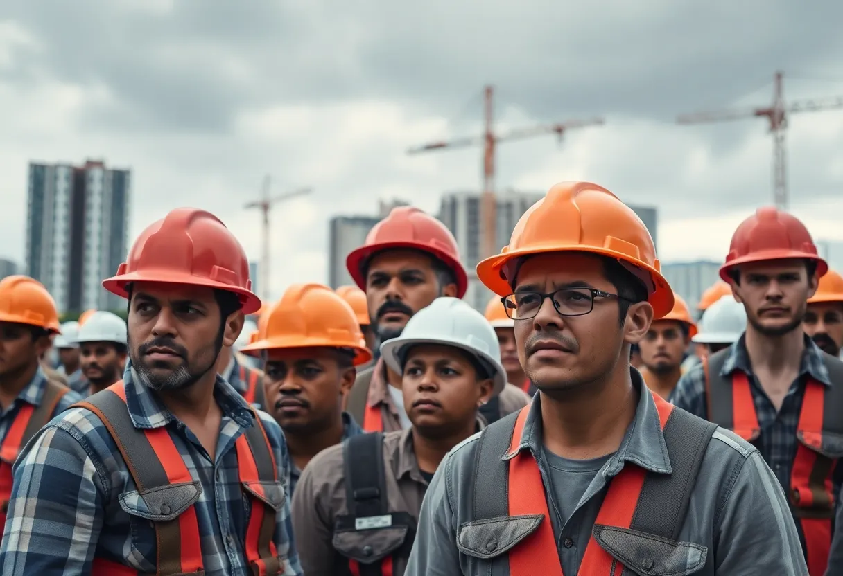 Construction workers on a site in Miami showing a diverse group wearing hard hats.