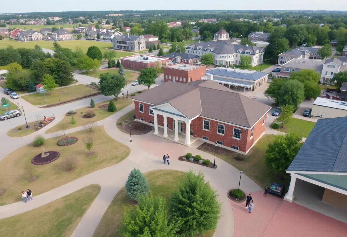 Aerial view of Soddy Daisy showing parks and community buildings.
