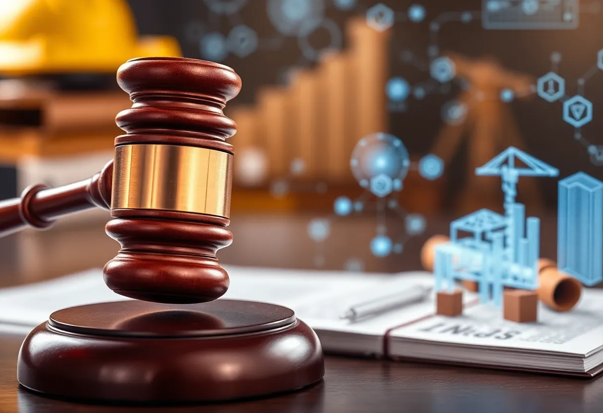 Digital representation of AI technology integrated into arbitration processes in the construction industry.