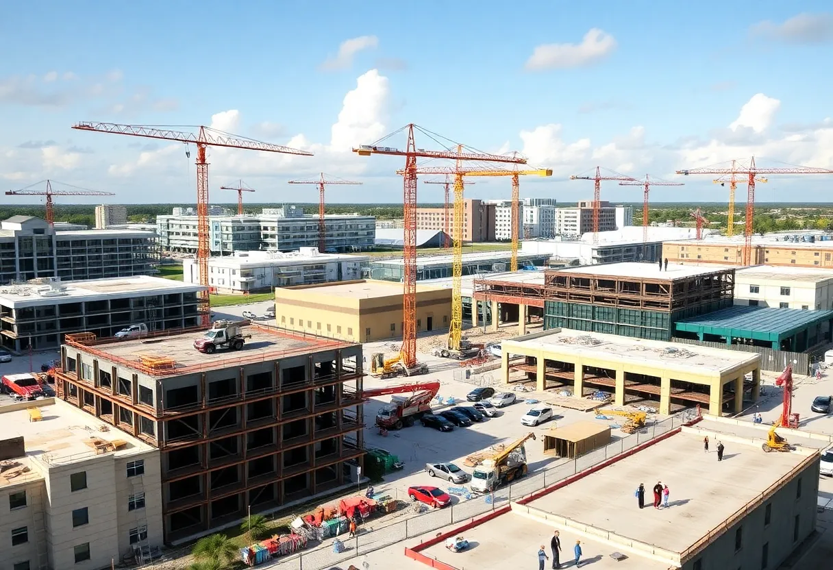 Construction site in Boynton Beach with cranes and ongoing projects.