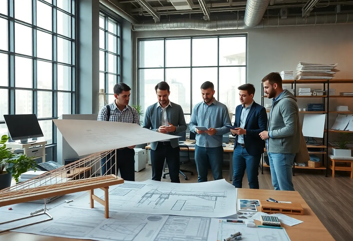 Team of engineers collaborating on bridge design