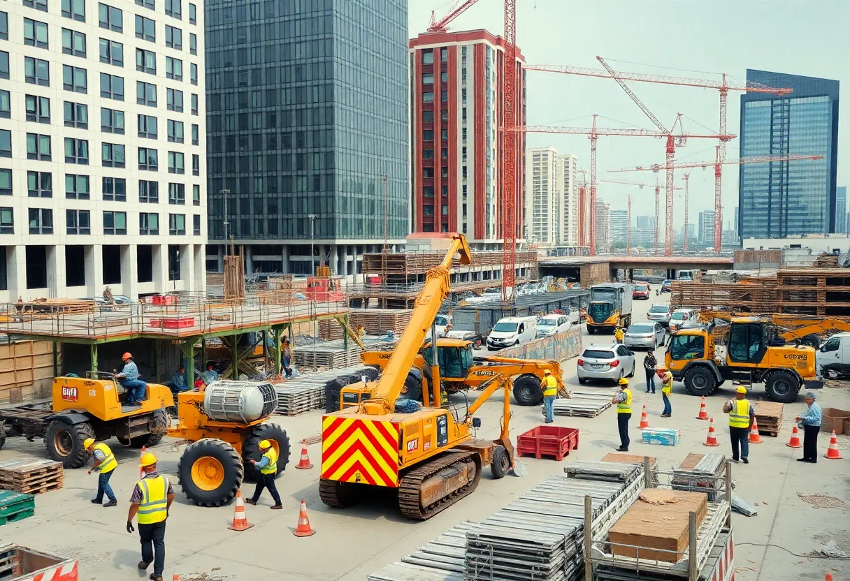Workers on a construction site managing tasks with machinery and infrastructure developments.
