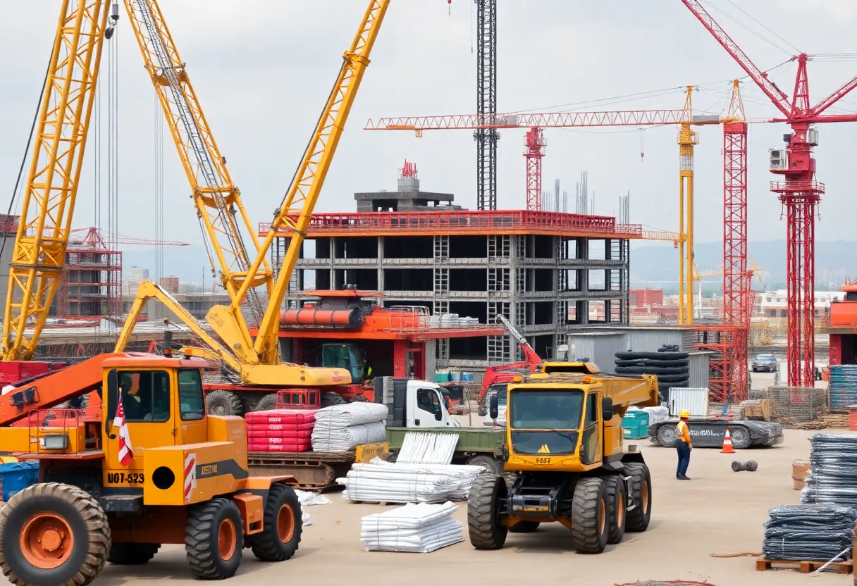 A vibrant construction site with various machinery and construction activities.