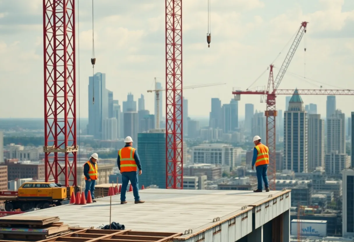 Builders working at a construction site with cranes and city skyline in background