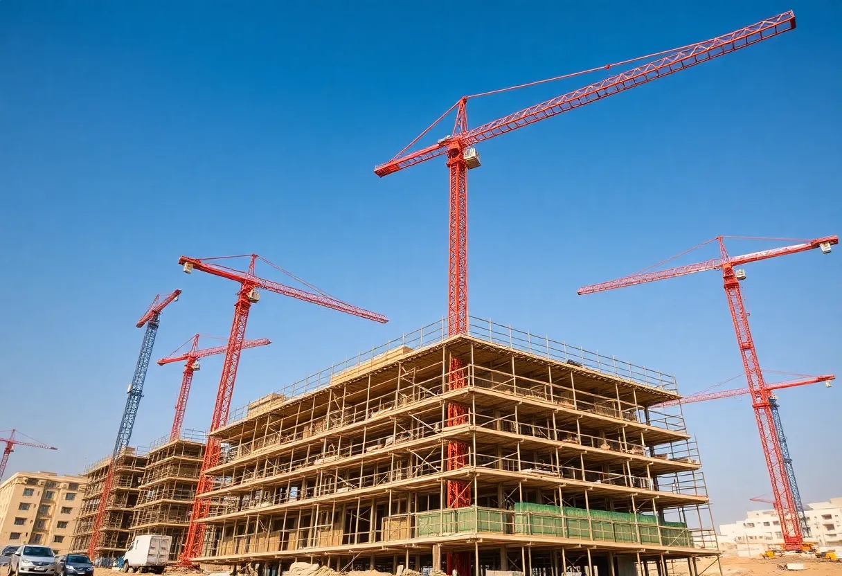 Construction site in the Middle East showing cranes and workers amidst rising costs.