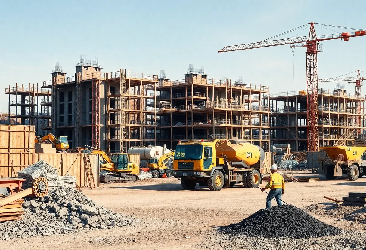 Construction workers at a busy site with modern tools and machinery