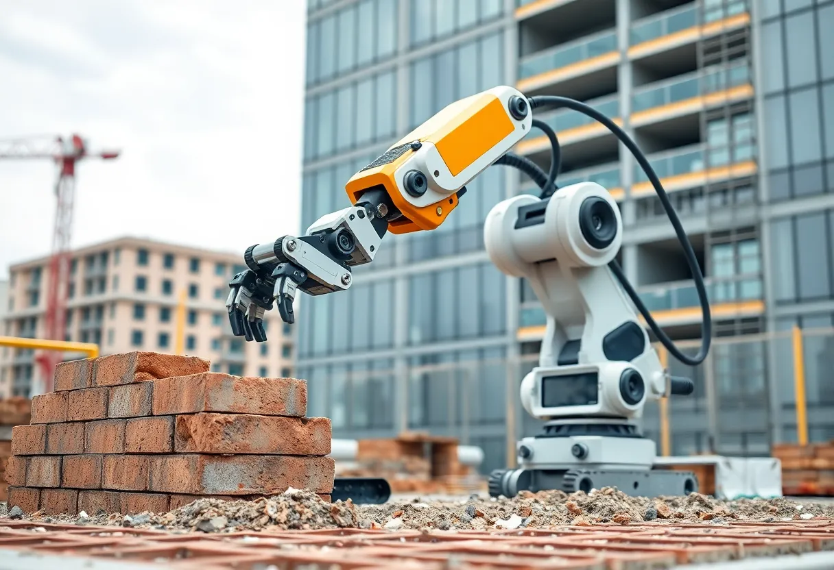 An advanced construction robot performing tasks on a job site