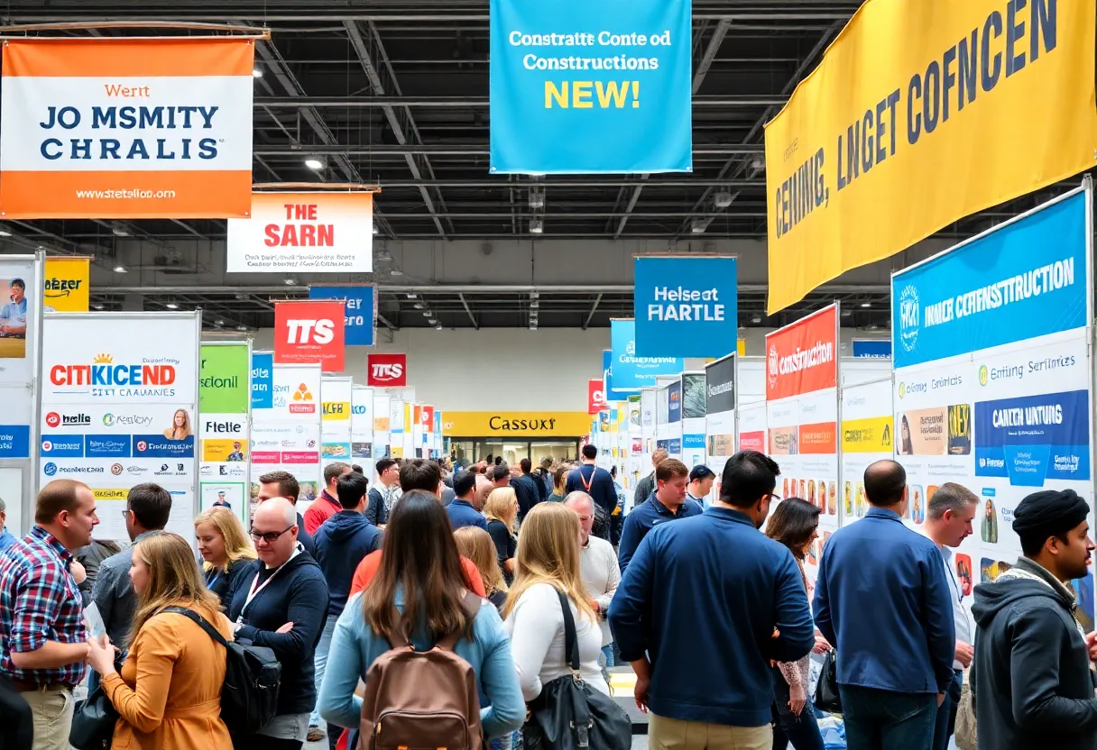 A lively scene from a construction trade career fair with attendees and company booths