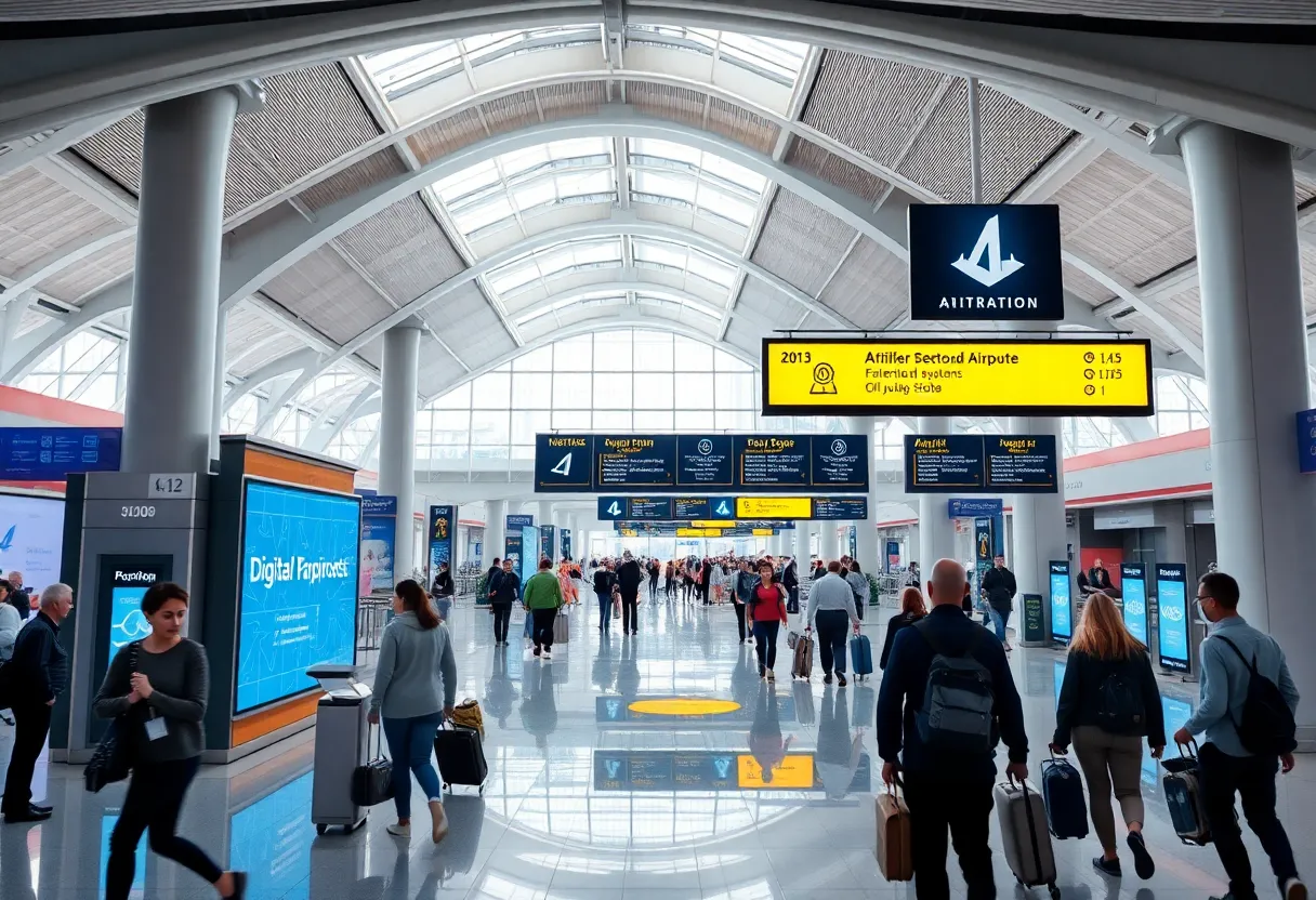 A modern airport terminal enhanced with digital technologies and biometric systems.