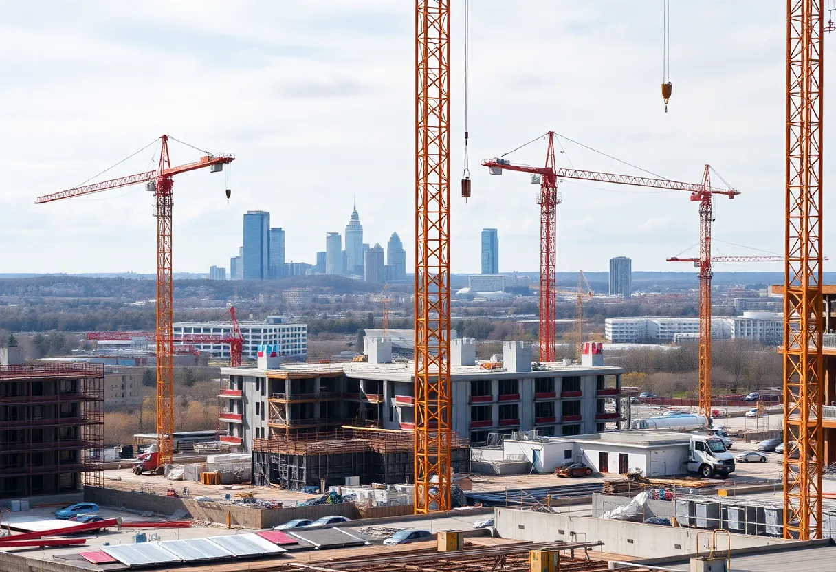 Construction site in Dubuque with cranes and buildings