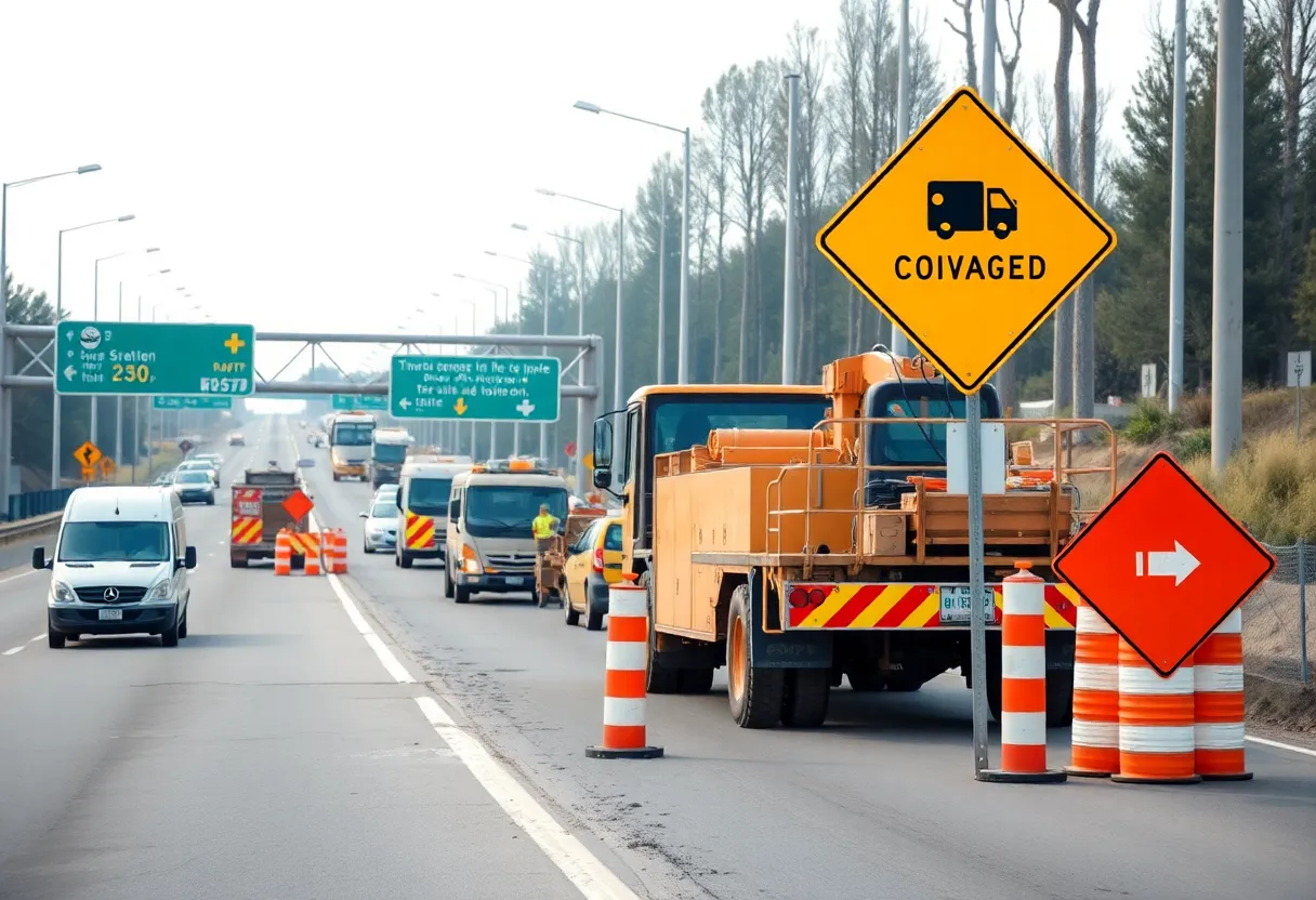 Construction site for I-95 improvement project with workers and equipment