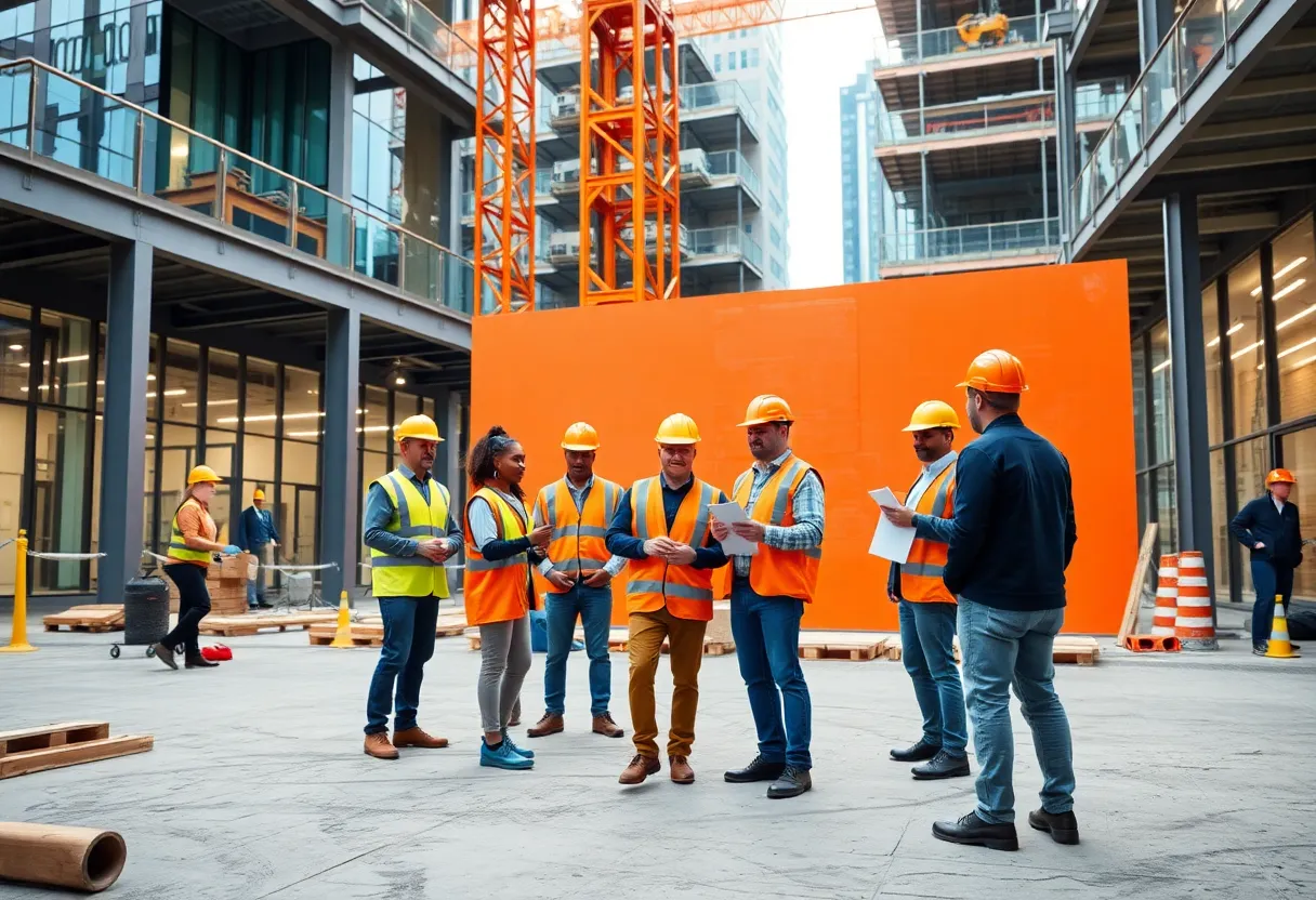 Team of construction professionals discussing plans on site