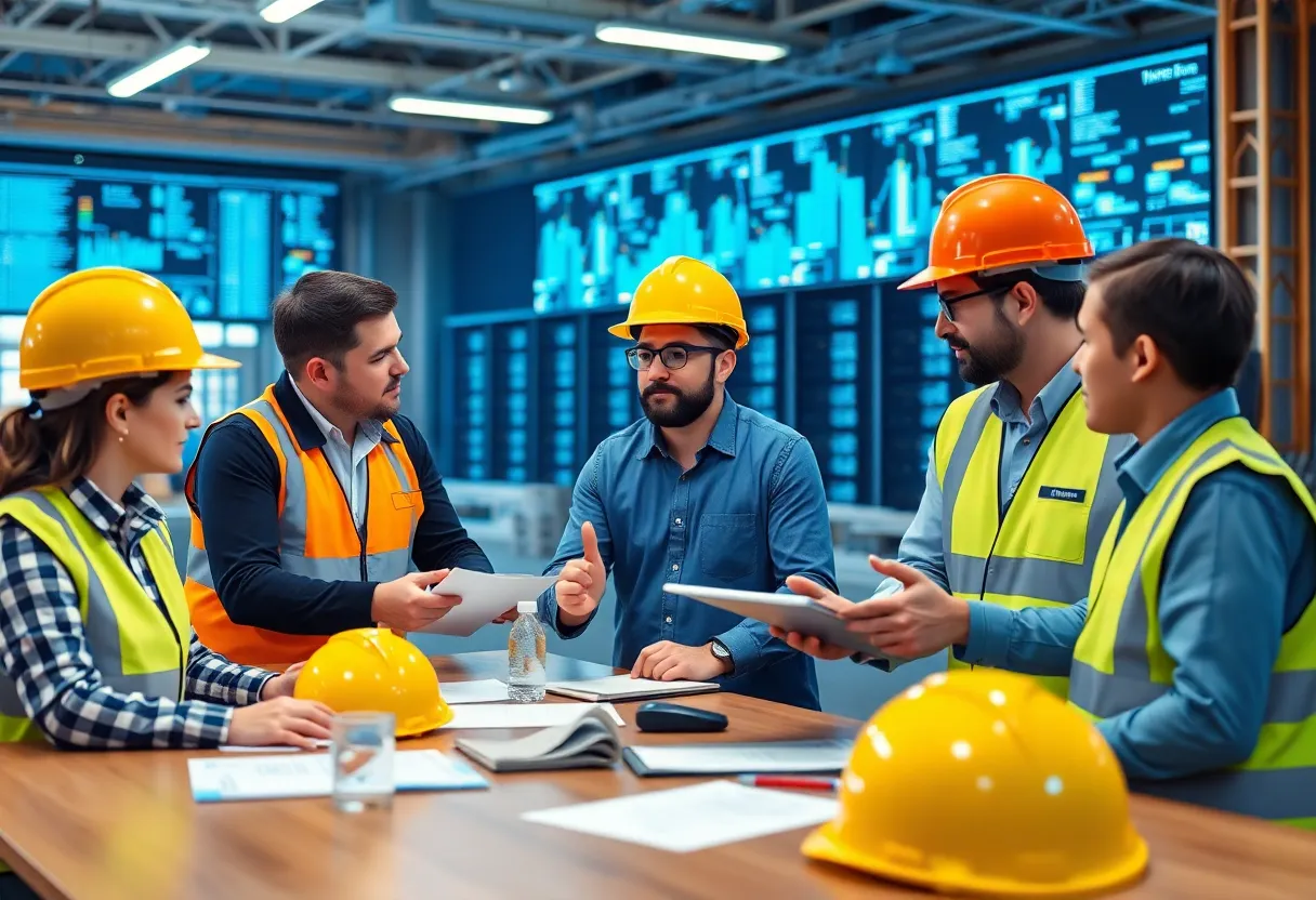 Teams collaborating on data center construction project