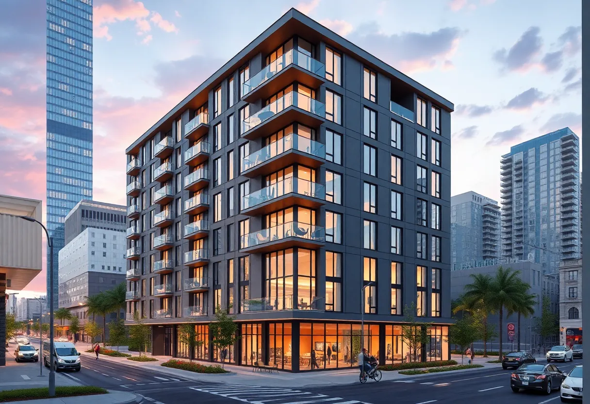 Aerial view of a new multifamily apartment complex under construction in Boston's Allston neighborhood.