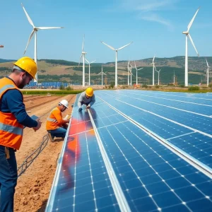 Construction site of a renewable energy project with solar panels and workers.
