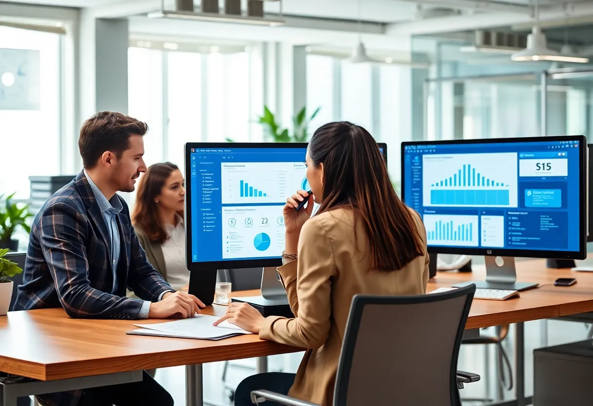 Office professionals collaborating on property management software