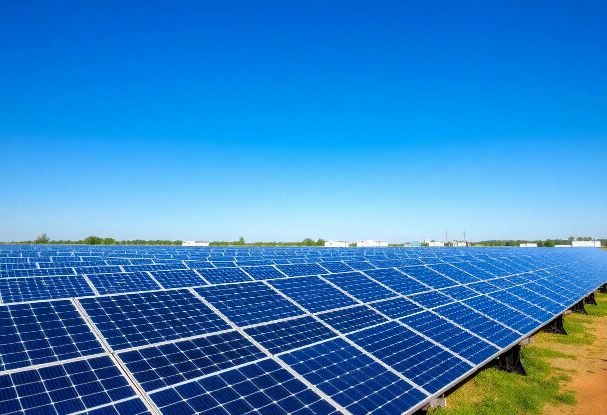 Solar panels and storage units in a renewable energy field.