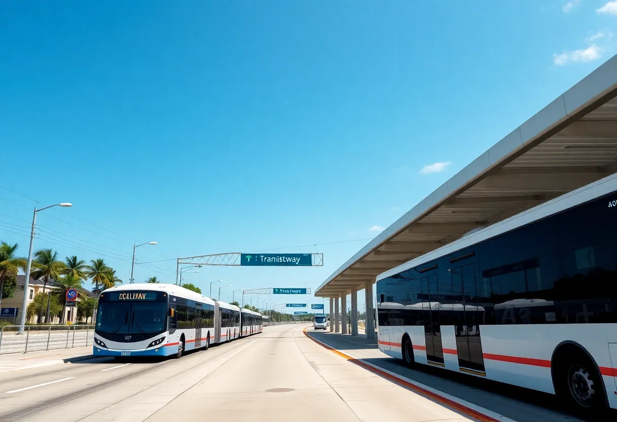 Newly constructed South Dade Transitway bus station with electric buses