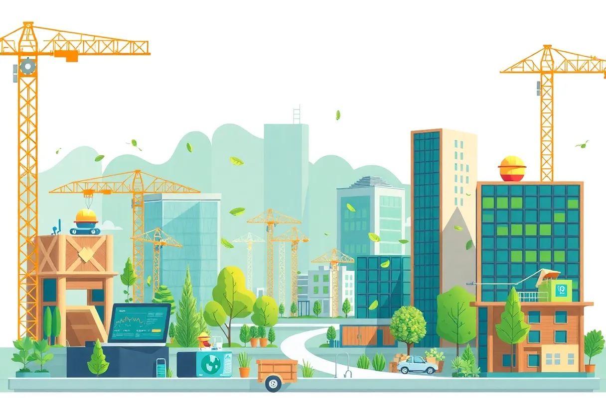 Illustration of eco-friendly construction software and technology.