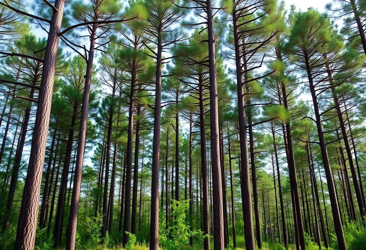 A scenic view of East Texas pine forest representing the timber industry