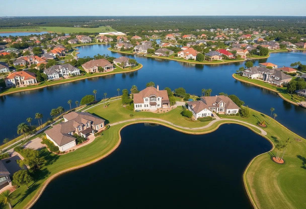 Aerial view of Vivid Shores luxury community in Bonita Springs featuring lakes and homes