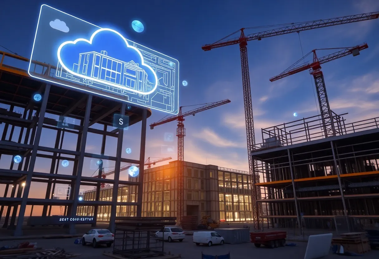 Construction site with holographic AI planning overlays