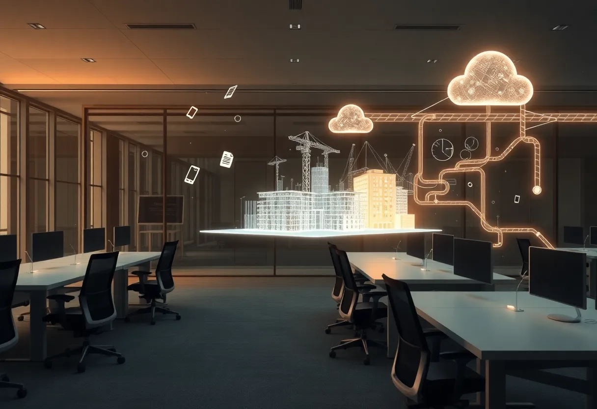 Empty office desks beside holographic BIM model and cloud server illustrating layoffs and data fragmentation in AEC