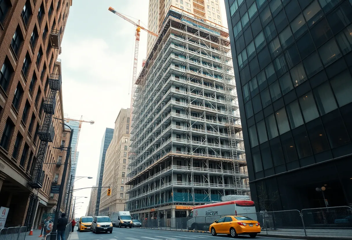 27-story downtown office tower under conversion with cranes and scaffolding at 36 E. Seventh St.