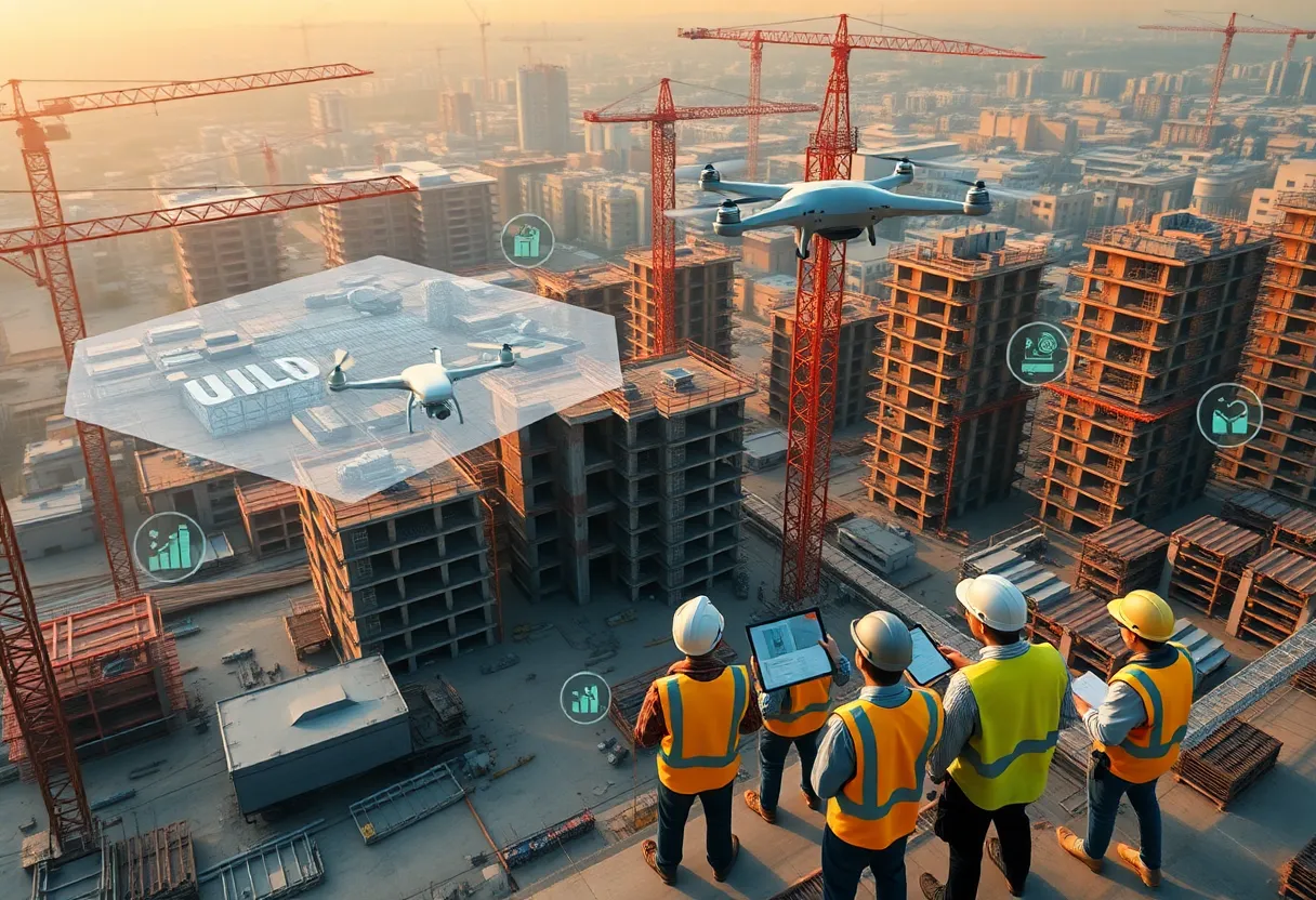 Urban construction site with cranes, engineers using tablets and semi-transparent 3D BIM overlays showing digital models and data.