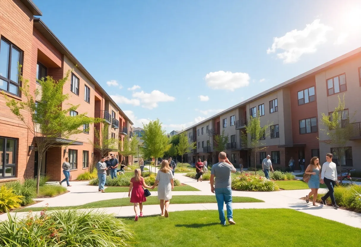 Affordable housing community in California with families and greenery