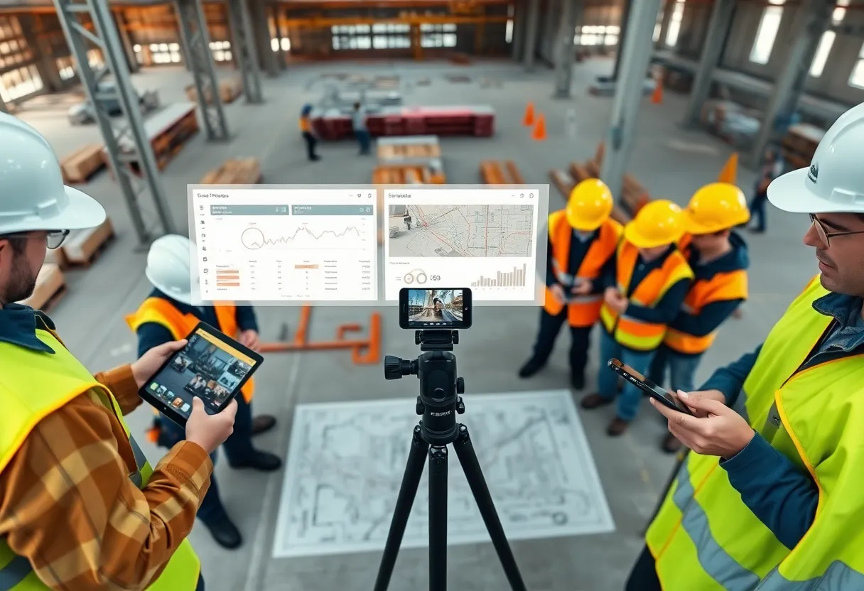 Construction workers using tablets with digital floor plans and dashboard overlays showing time-stamped photos and synced schedules