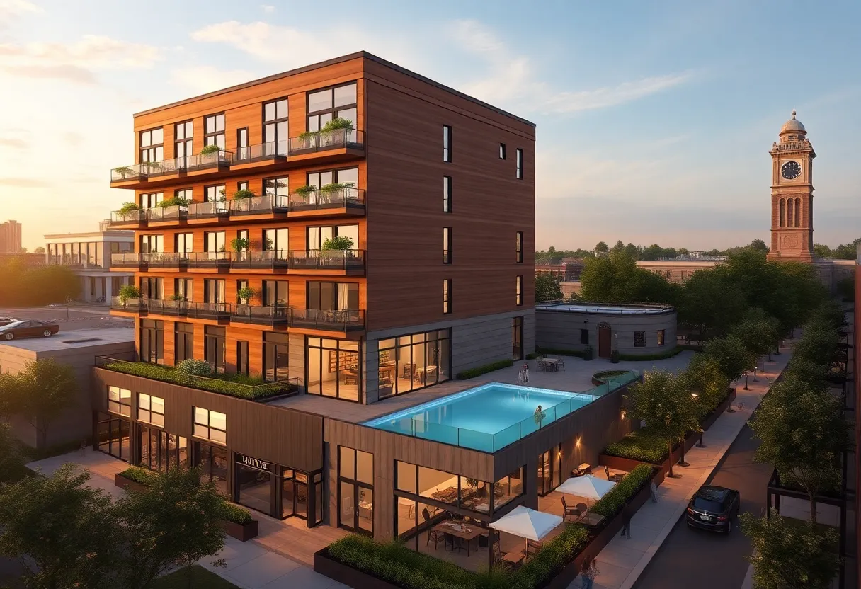 Rendering of seven-story Clock Tower Residences beside historic Heights Clocktower in Houston