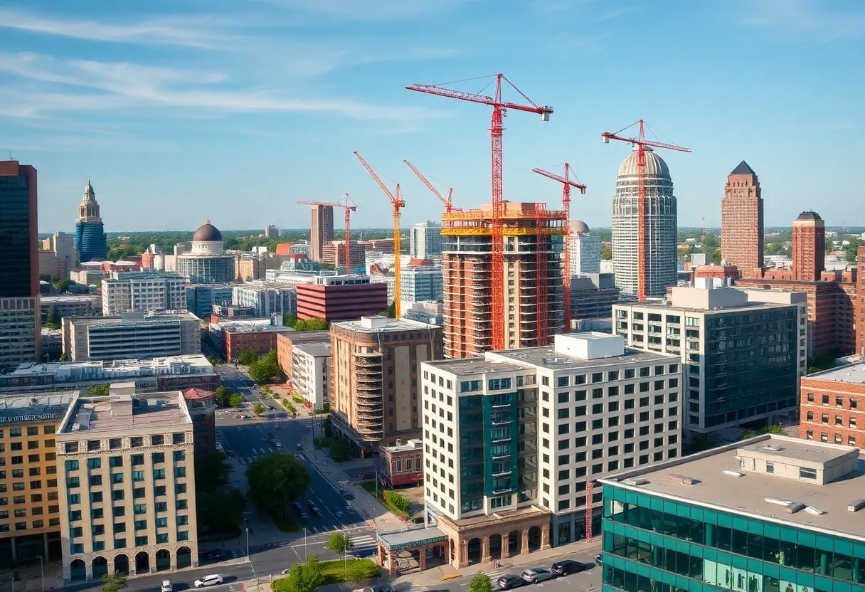 Construction site in Columbus, Ohio shows apartment buildings being erected.