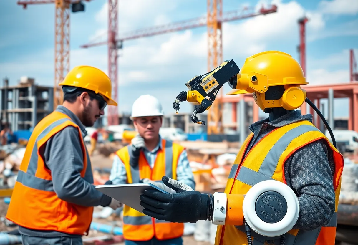 Workers using automation tools on a construction site.