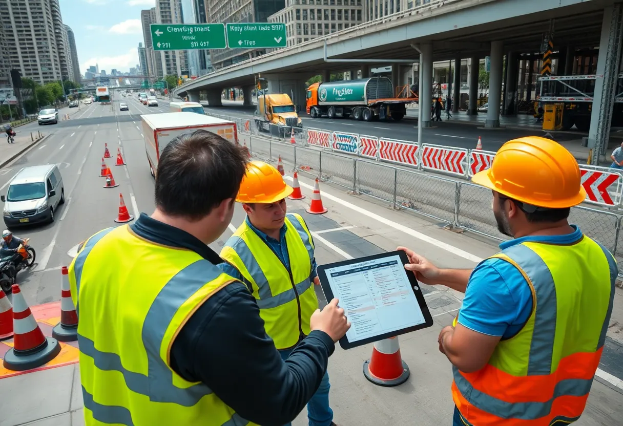 Construction team reviewing scheduling software on a tablet with Chicago expressway lane shifts and event barriers in the background