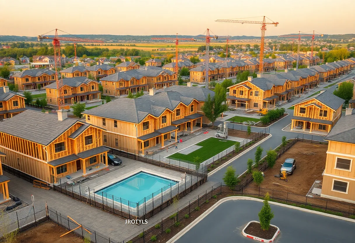 Construction site of low-rise Cottage Green build-to-rent homes with cranes, framing, greenspace and future pool area