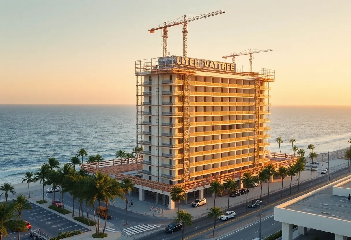 Construction of The Dunes Fort Lauderdale 16-story oceanfront hotel with cranes and scaffolding