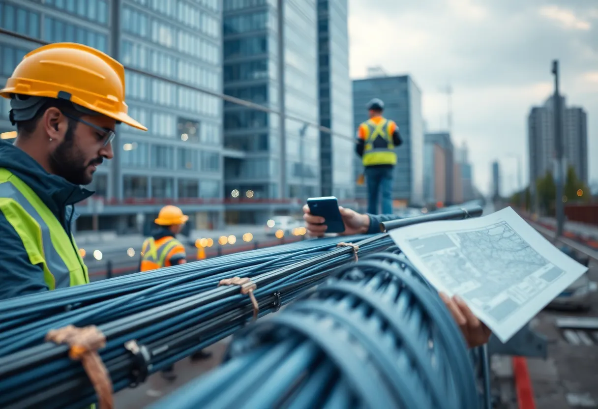 Workers installing fiber optic cables in an urban environment.