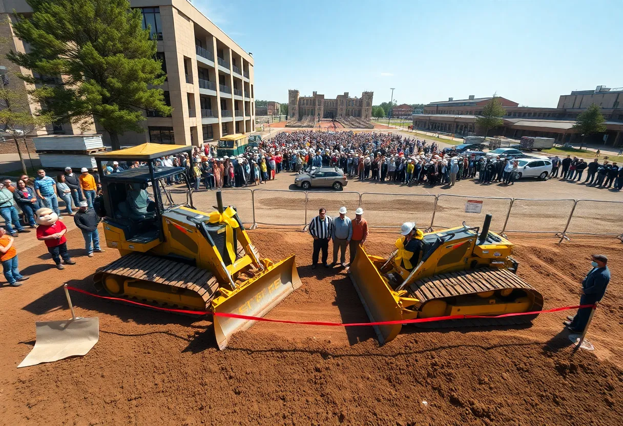 Bulldozers and crowd at a groundbreaking for a 72,000 sq ft fieldhouse near campus with fencing and construction materials staged