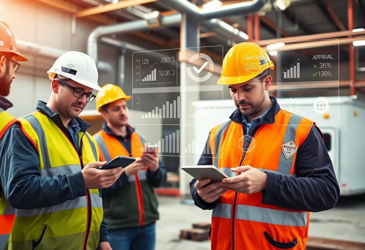 Construction workers using tablets for mobile time tracking with a dashboard overlay showing hours and productivity