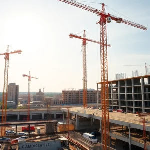 Construction activity in Huntsville area with cranes and new buildings