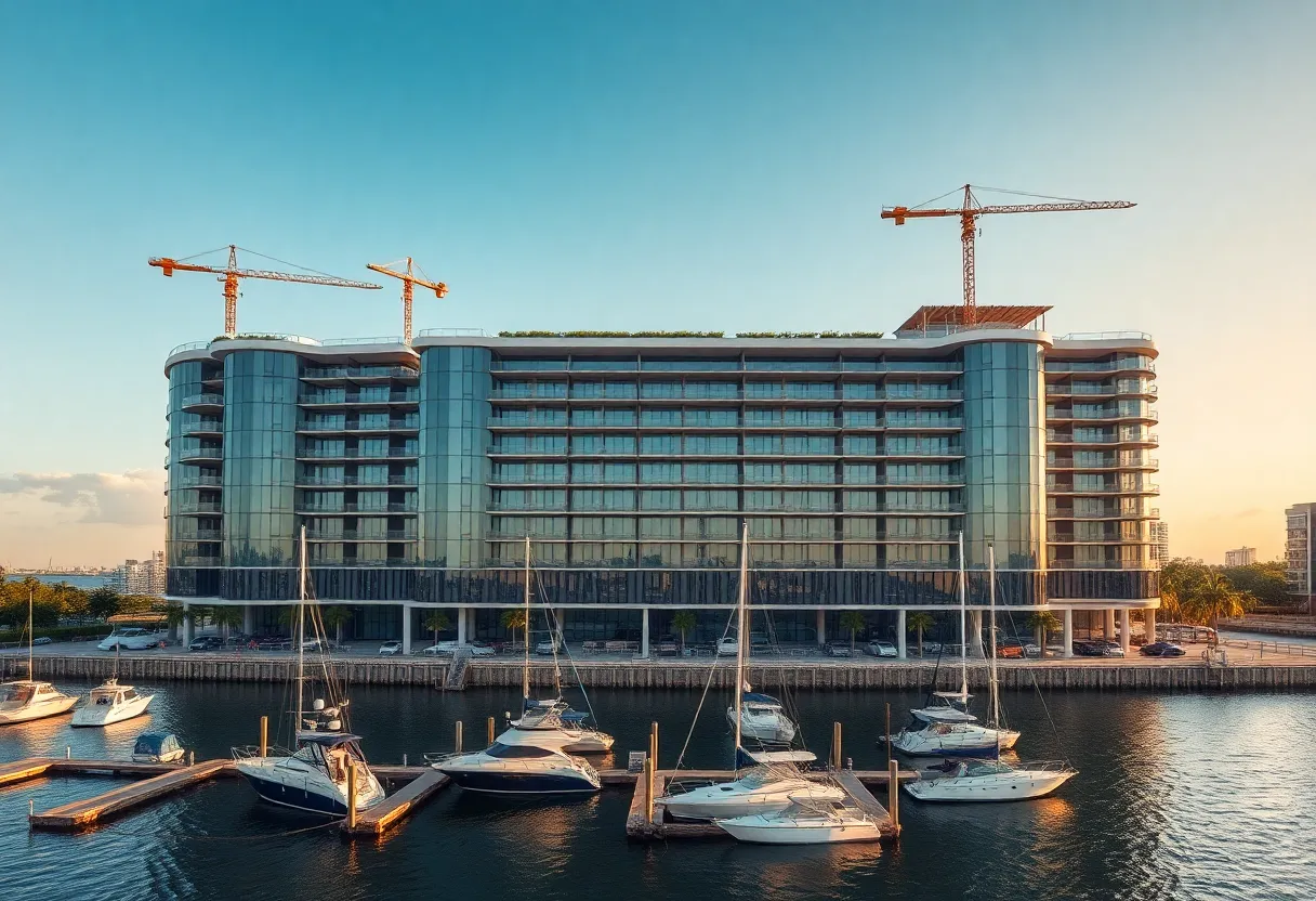 Eight-story luxury condominium under construction on the waterfront with cranes and boats at private marina