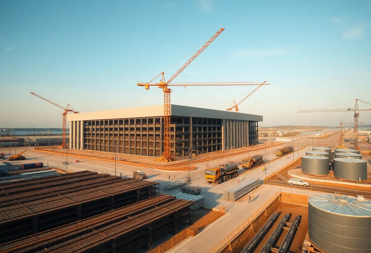 Aerial view of a port construction site with a large logistics building and water treatment tanks