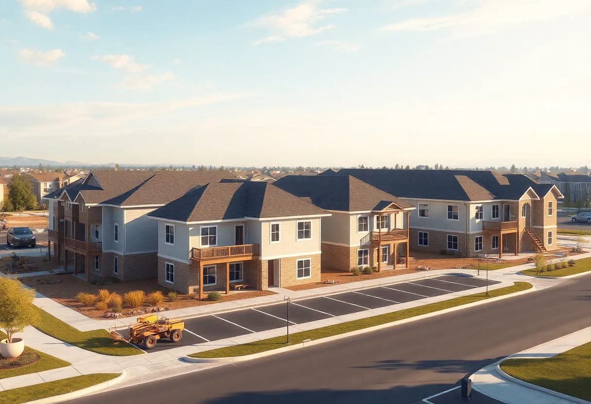 Rendering of Marshview Apartments construction showing four low‑rise buildings, garages and surface parking