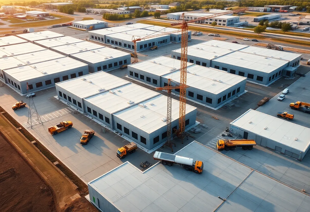 Aerial view of a construction campus with tilt-up concrete panels, cranes and trucks under warm light