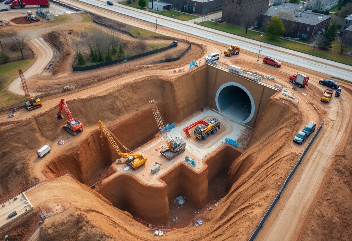 Excavation site for Nashville's high-speed tunnel project with construction equipment.