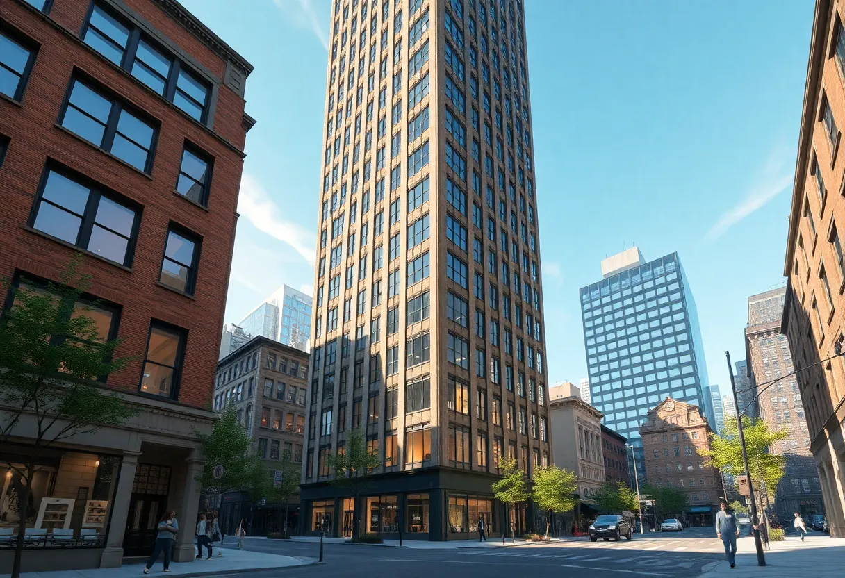 Rendering of a tall Passive House mixed-use tower behind two preserved 19th-century façades in Downtown Brooklyn with an elevated office podium and street-level retail.