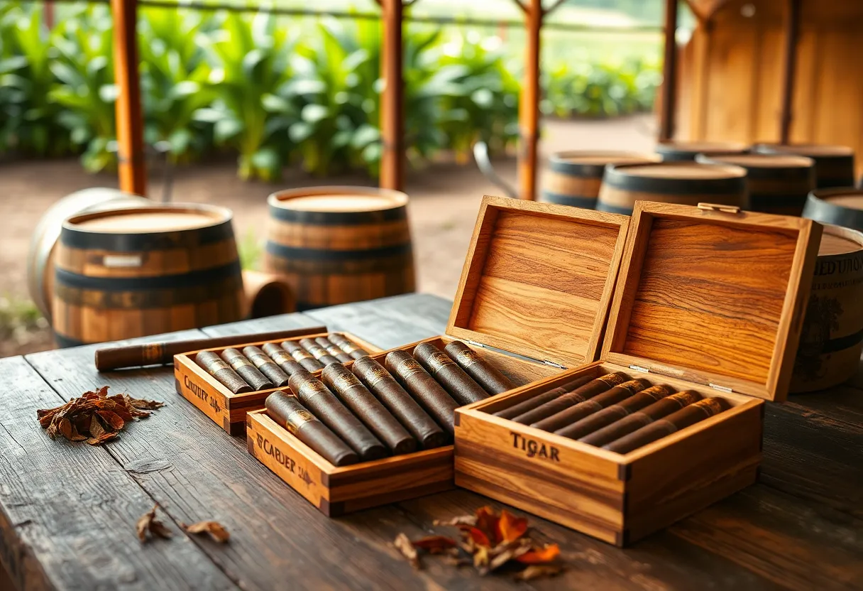 Assortment of Perdomo Legacy cigars in open wooden boxes with tobacco leaves and bourbon barrels in the background