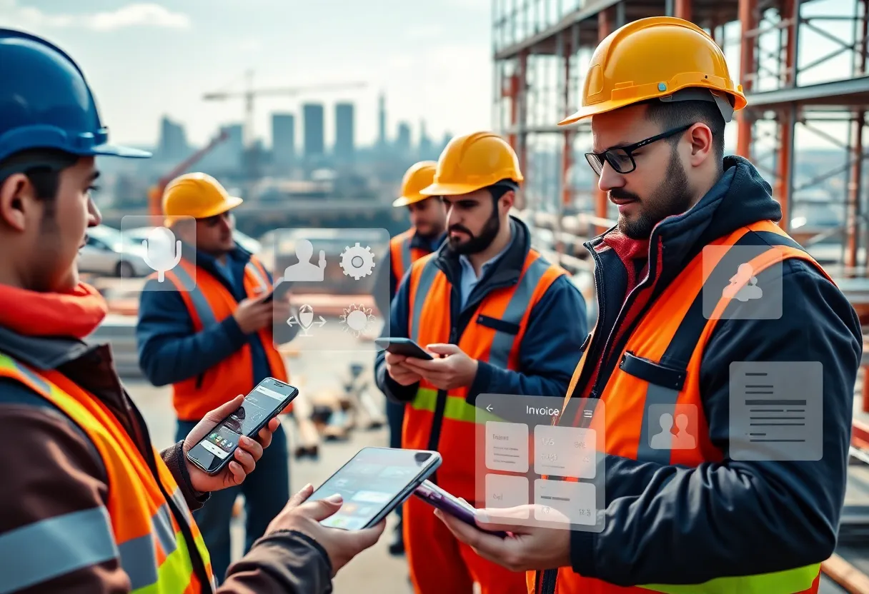 Construction site with tradespeople using mobile devices showing AI-enabled app overlays and digital plans
