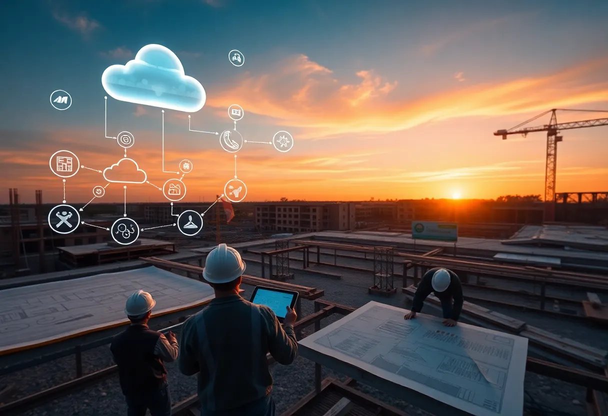 Construction site with digital cloud icons and AI overlays, workers using tablets, and a golf tournament banner in the distance